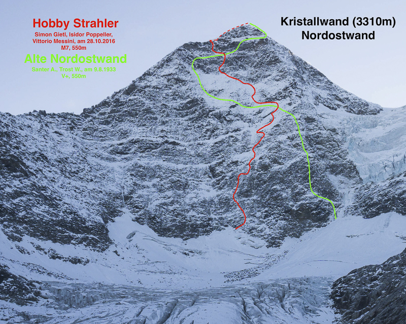 Über die grün eingezeichnete Route erreichten am 9. August 1933 Albert Santner und Willi Trost den Gipfel der Kristallwand. Simon Gietl, Isidor Poppeller und Vittorio Messini durchstiegen die Nordostwand am 28. Oktober 2016 über die rot markierte Route erfolgreich.